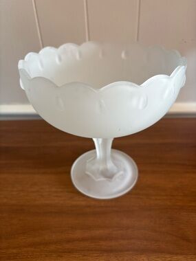 Frosted White Indian Glass Teardrop Compote Pedestal Bowl - Scalloped Trim